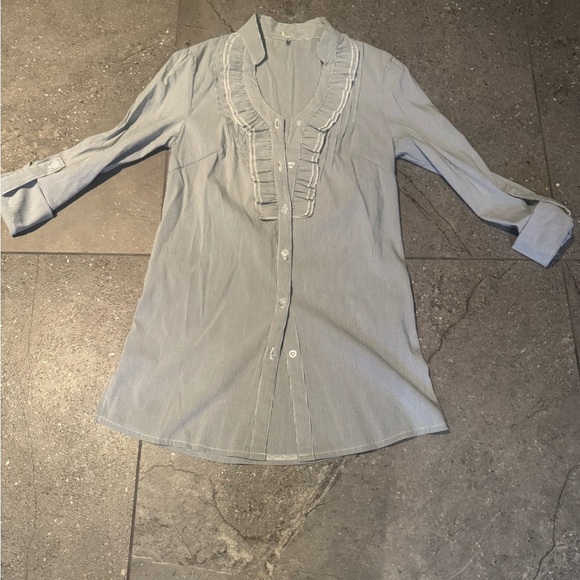 Tops - Light Blue Ruffle Front Button-Down shirt